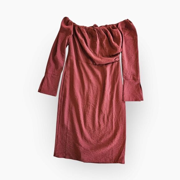 Future Collective Reese Blutstein Off Shoulder Long Sleeve Midi Dress in Rust 14 - Picture 4 of 11